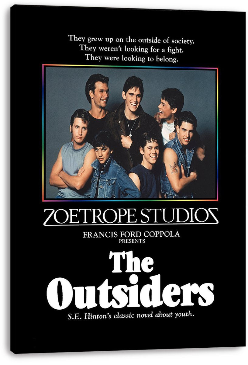 The Outsiders wall art print on a black canvas displays the ensemble cast portrait, white title lettering, and rainbow border.