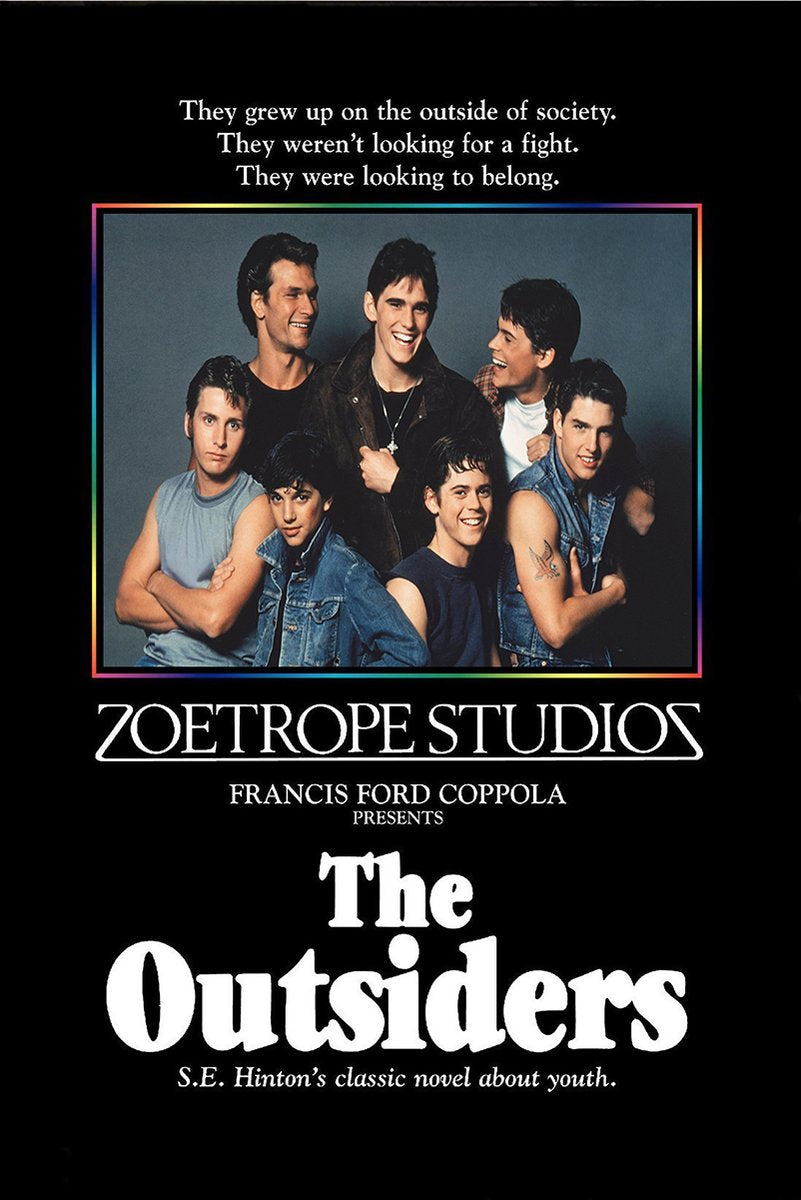 The Outsiders movie poster features seven young men in denim and leather inside a rainbow-bordered portrait on black.