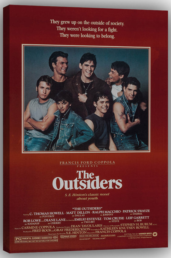 The Outsiders wall art print displays a group portrait of seven young men, bordered in cream above the film title and credits.