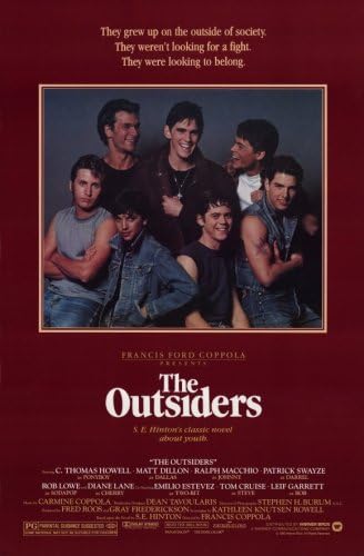 The Outsiders poster features seven young men in denim and leather beneath a cream tagline on a deep red background.