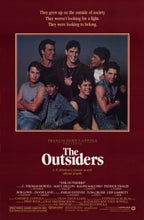 The Outsiders poster features seven young men in denim and leather beneath a cream tagline on a deep red background.