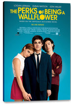 The Perks of Being a Wallflower canvas wall art print featuring three cast members, yellow typography, and a teal background.