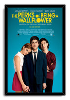 The Perks of Being a Wallflower framed wall art print with three characters, bold yellow title lettering, and teal backdrop.