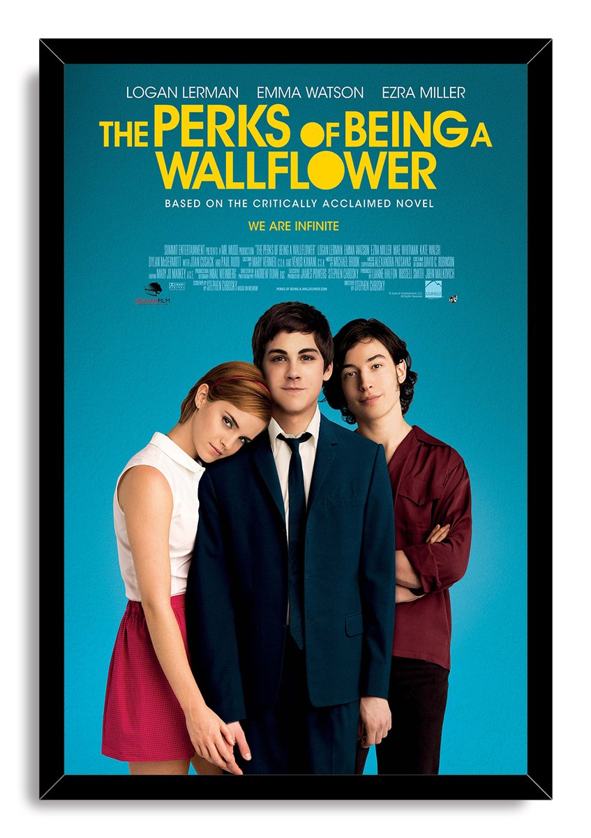 The Perks of Being a Wallflower framed wall art print with three characters, bold yellow title lettering, and teal backdrop.