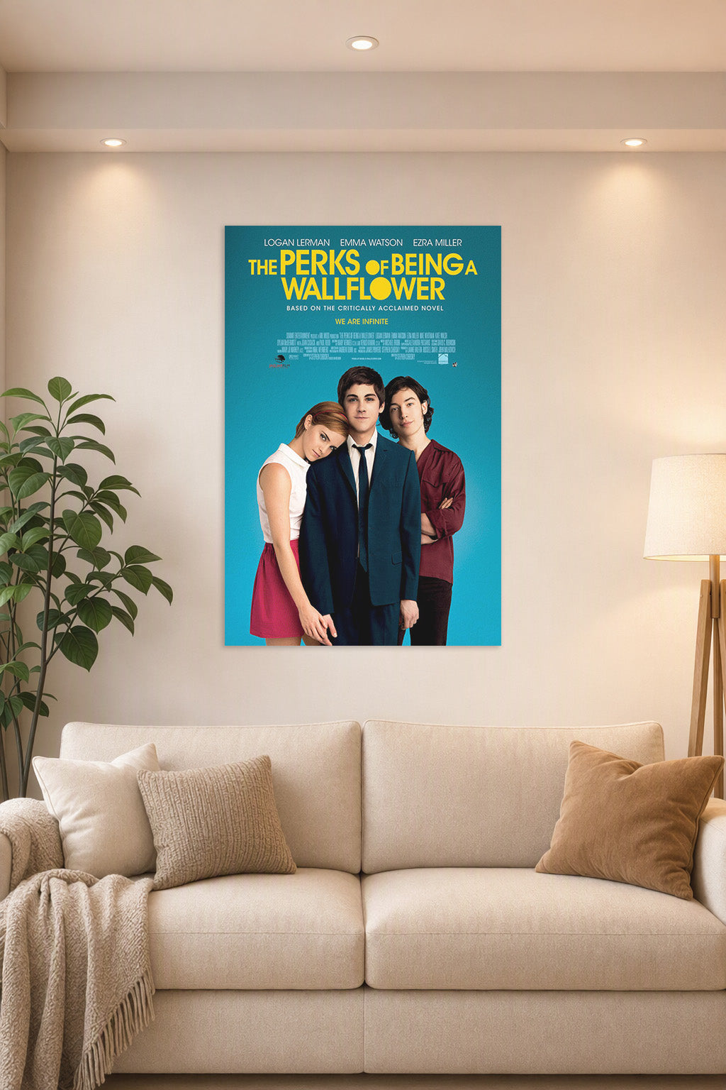 The Perks of Being a Wallflower Movie in a bright living room above a beige sofa.