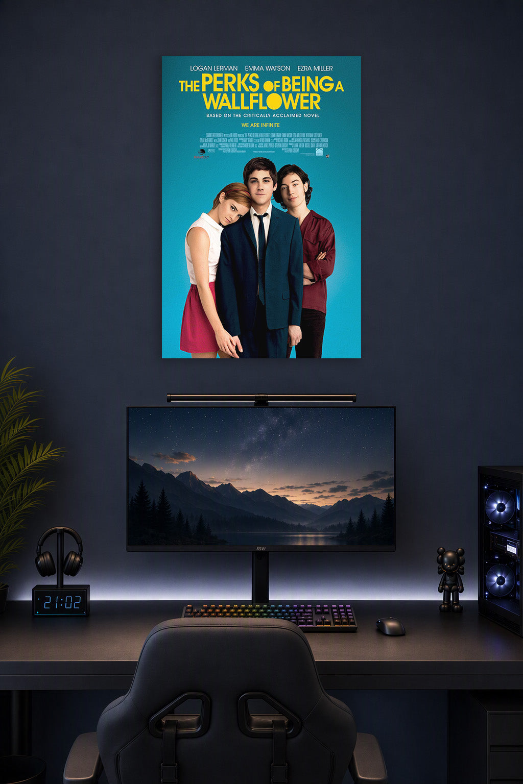 The Perks of Being a Wallflower Movie in a gaming desk setup above a monitor.