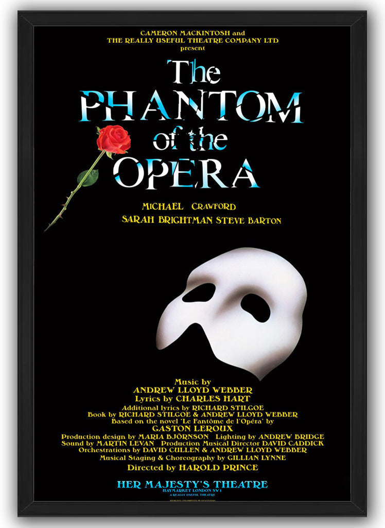 The Phantom of the Opera framed wall art print presents a white mask and red rose against a black background.