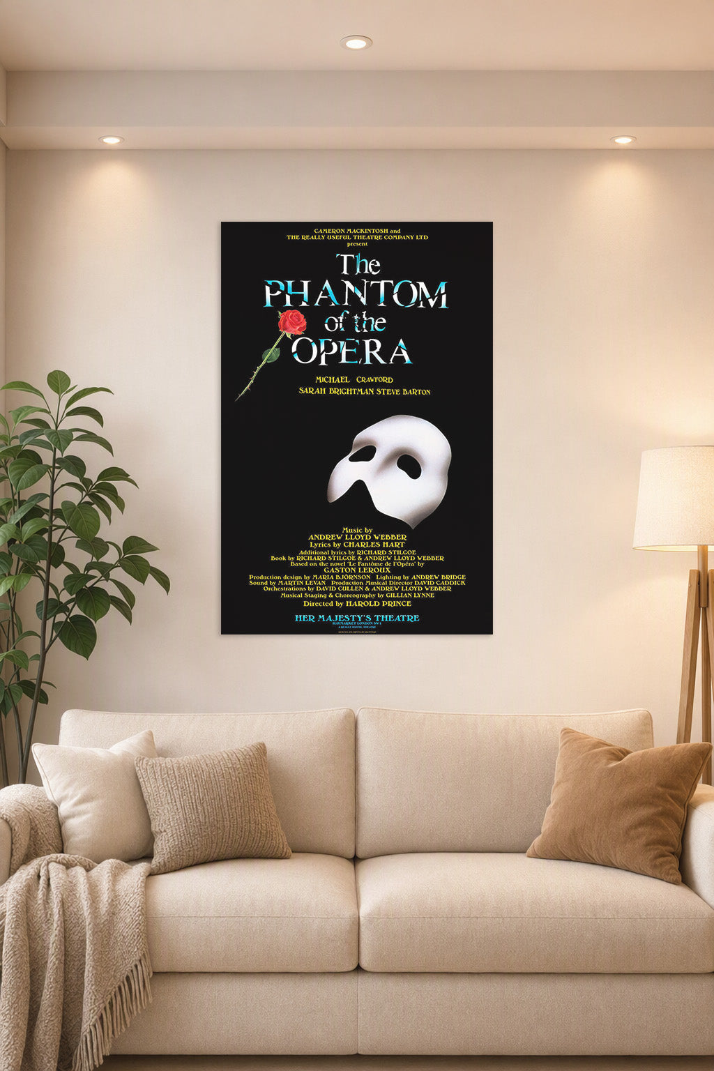 The Phantom of The Opera Movies in a bright living room above a beige sofa.