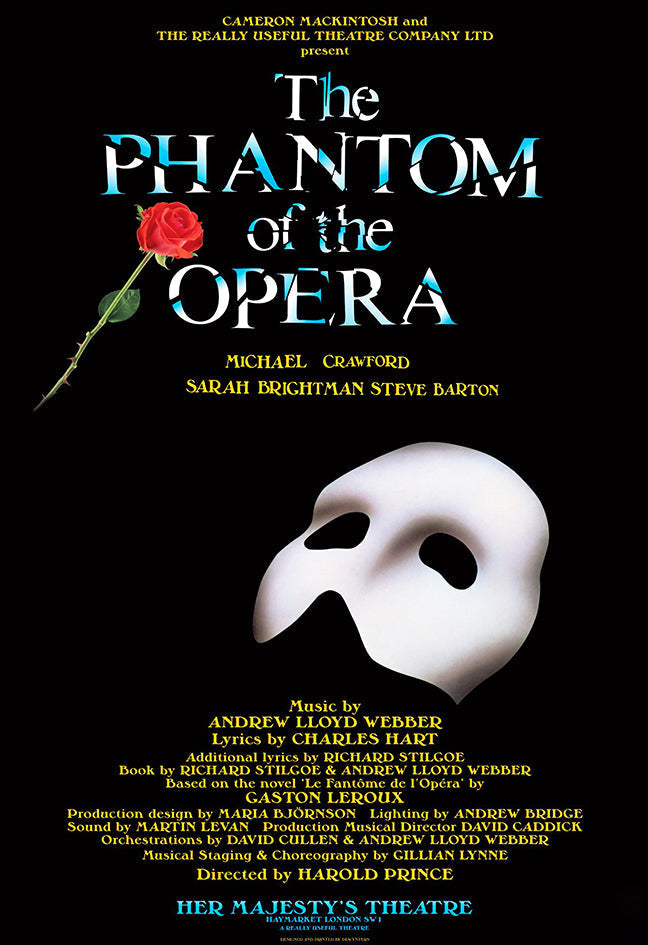The Phantom of the Opera poster features a white theatrical mask, red rose, and blue-white title on black.