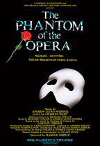 The Phantom of the Opera poster features a white theatrical mask, red rose, and blue-white title on black.