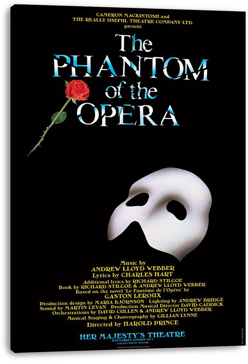 The Phantom of the Opera canvas wall art print featuring a red rose, white mask, blue title text, and gold credits on black.