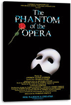 The Phantom of the Opera canvas wall art print featuring a red rose, white mask, blue title text, and gold credits on black.
