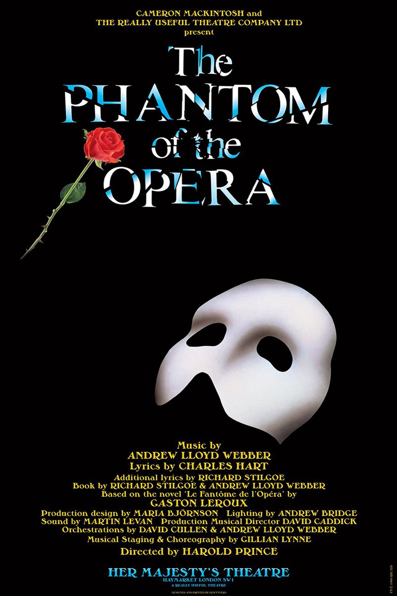 The Phantom of the Opera poster with blue-and-white title lettering, a red rose, white mask, and gold production credits on black.