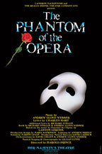 The Phantom of the Opera poster with blue-and-white title lettering, a red rose, white mask, and gold production credits on black.