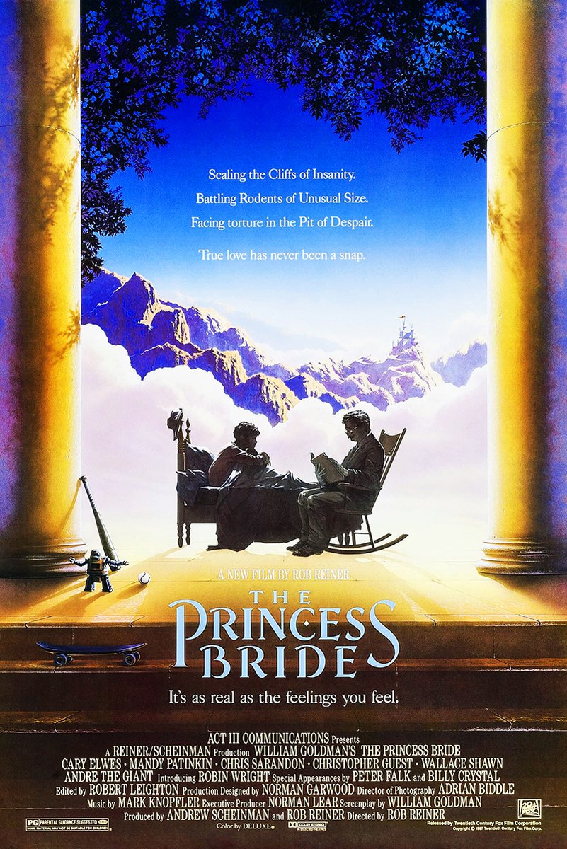 The Princess Bride wall art print depicts two seated figures, a distant castle and mountain range under a deep blue sky.