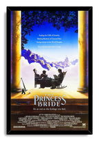 The Princess Bride framed poster presents the classic reading scene with gold columns, blue mountains, and bold title lettering.