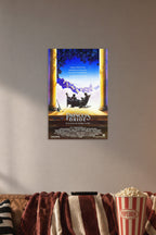 The Princess Bride Movie Poster in a cozy movie room above a brown sofa with popcorn.