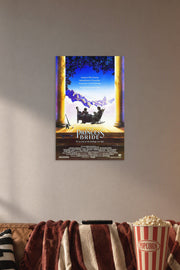 The Princess Bride Movie Poster in a cozy movie room above a brown sofa with popcorn.