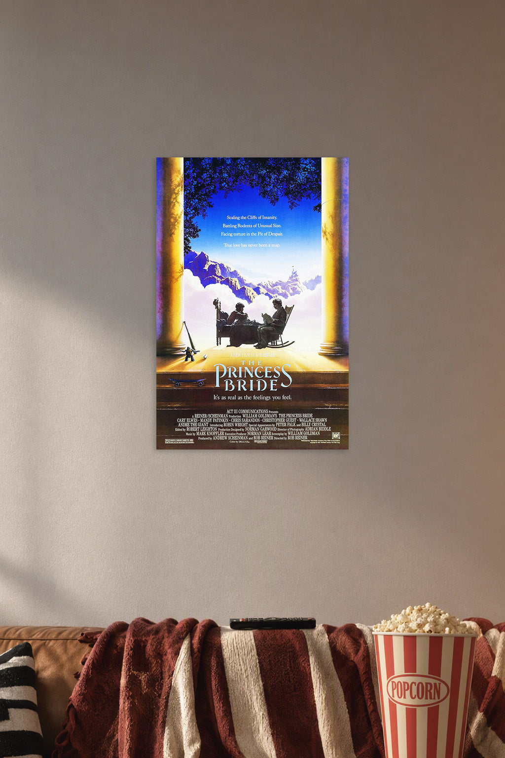 The Princess Bride Movie Poster in a cozy movie room above a brown sofa with popcorn.