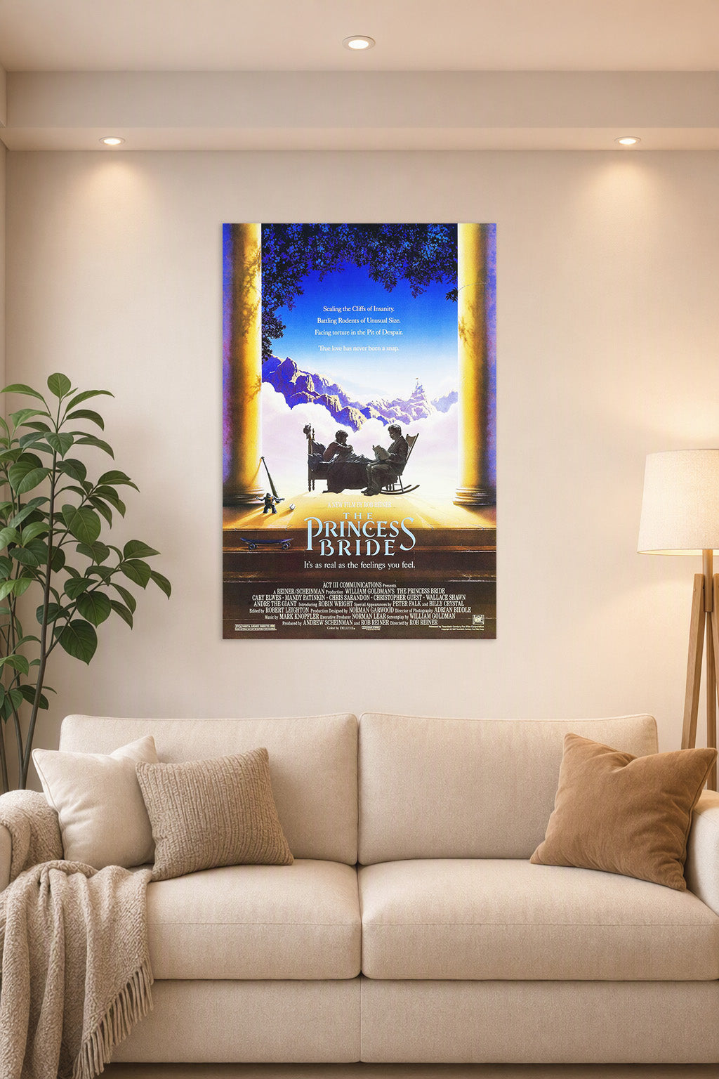 The Princess Bride Movie Poster in a bright living room above a beige sofa.