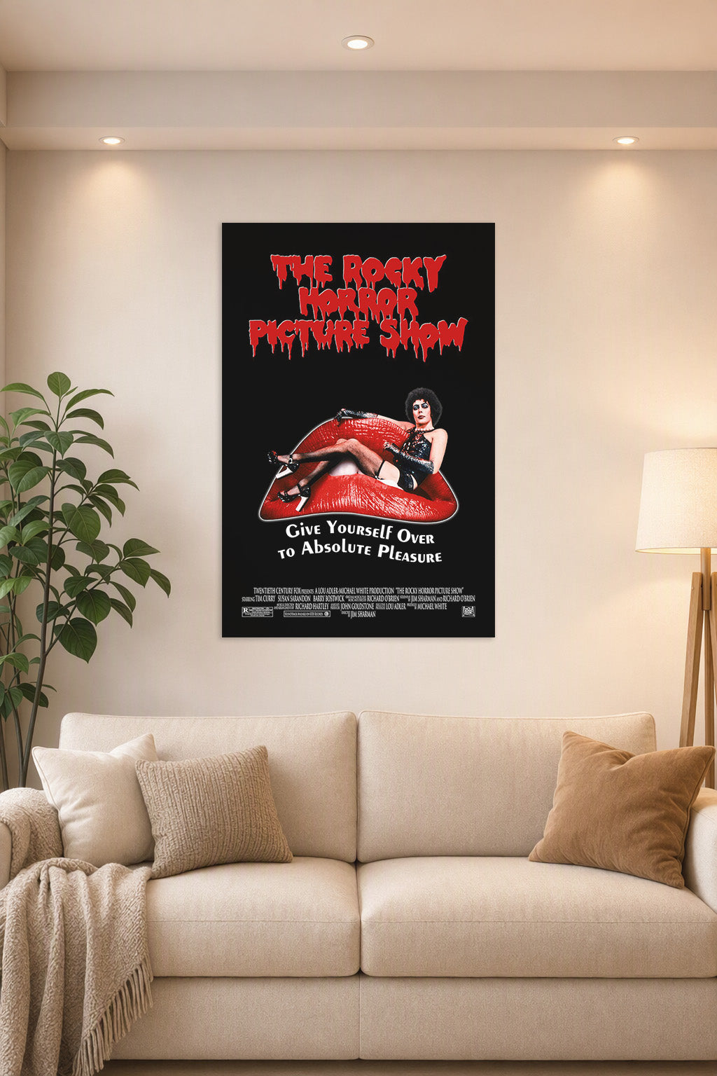 The Rocky Horror Picture Show in a bright living room above a beige sofa.