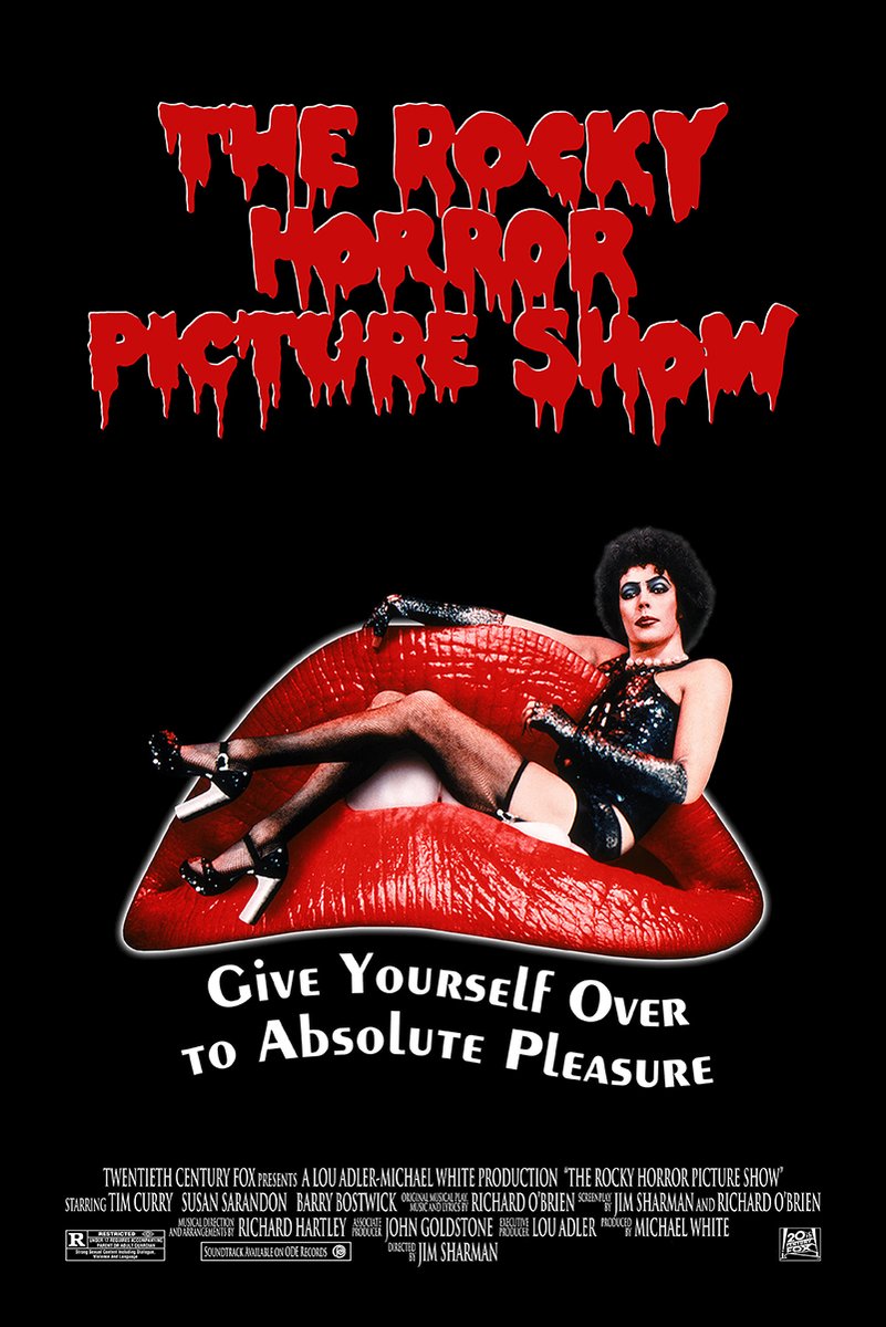 The Rocky Horror Picture Show poster features Dr. Frank-N-Furter reclining on red lips beneath dripping red title text.