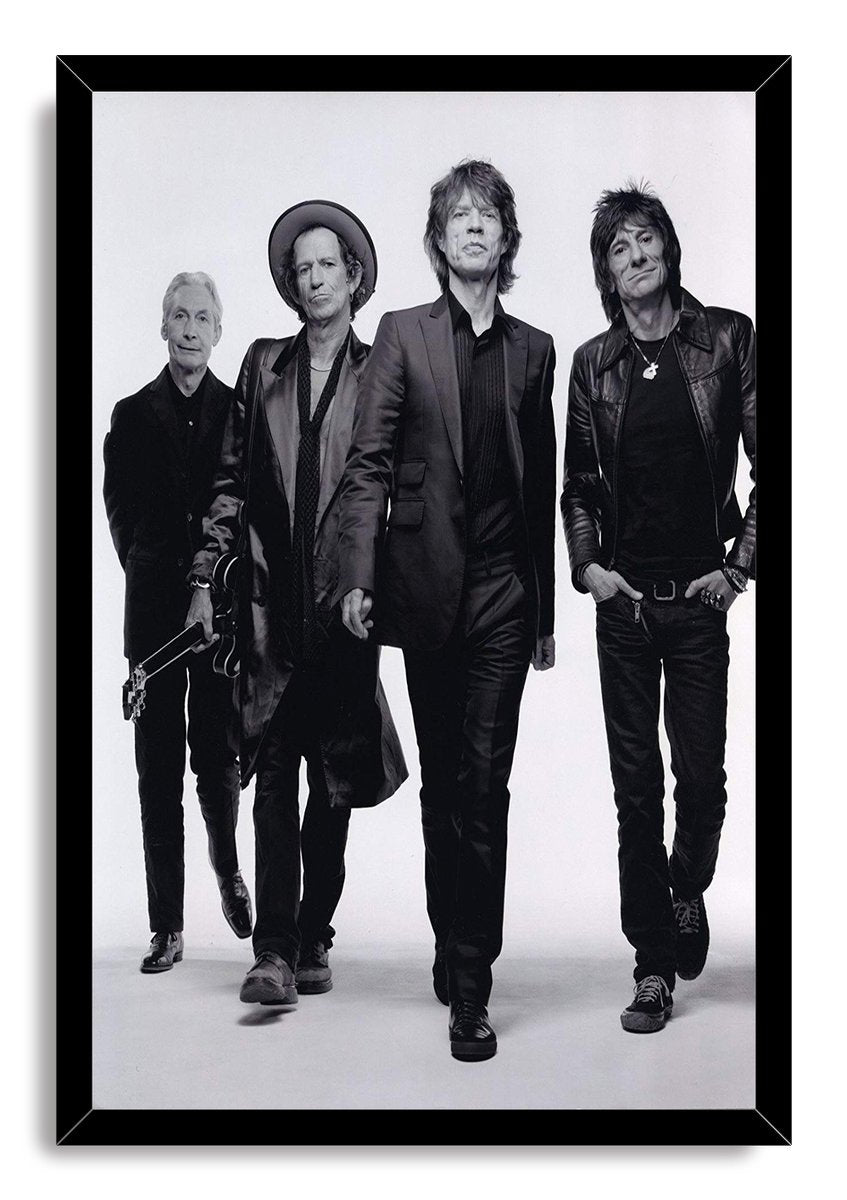 The Rolling Stones framed wall art print presents four band members walking forward, bordered by a sleek black frame.