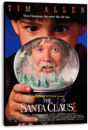 The Santa Clause wall art print on stretched canvas features a boy holding a snow globe with Tim Allen and miniature snowy trees.