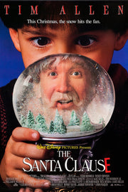 The Santa Clause movie poster features Tim Allen above a snow globe held by a boy, with snowy pine trees and blue background.