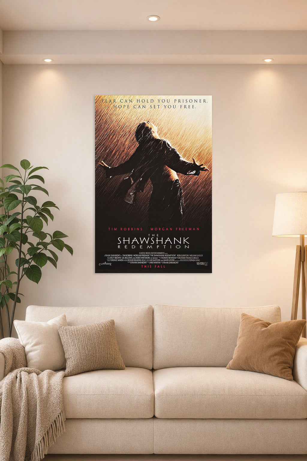 The Shawshank Redemption in a bright living room above a beige sofa.