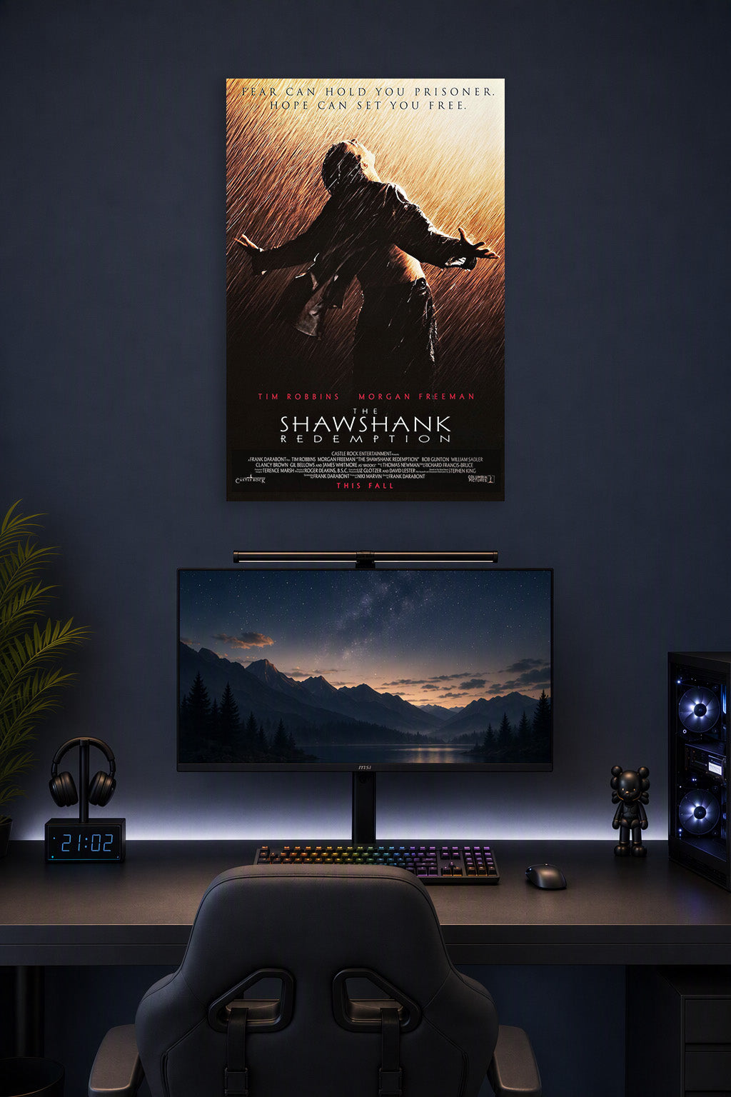 The Shawshank Redemption Freedom in Rain in a gaming desk setup above a monitor.