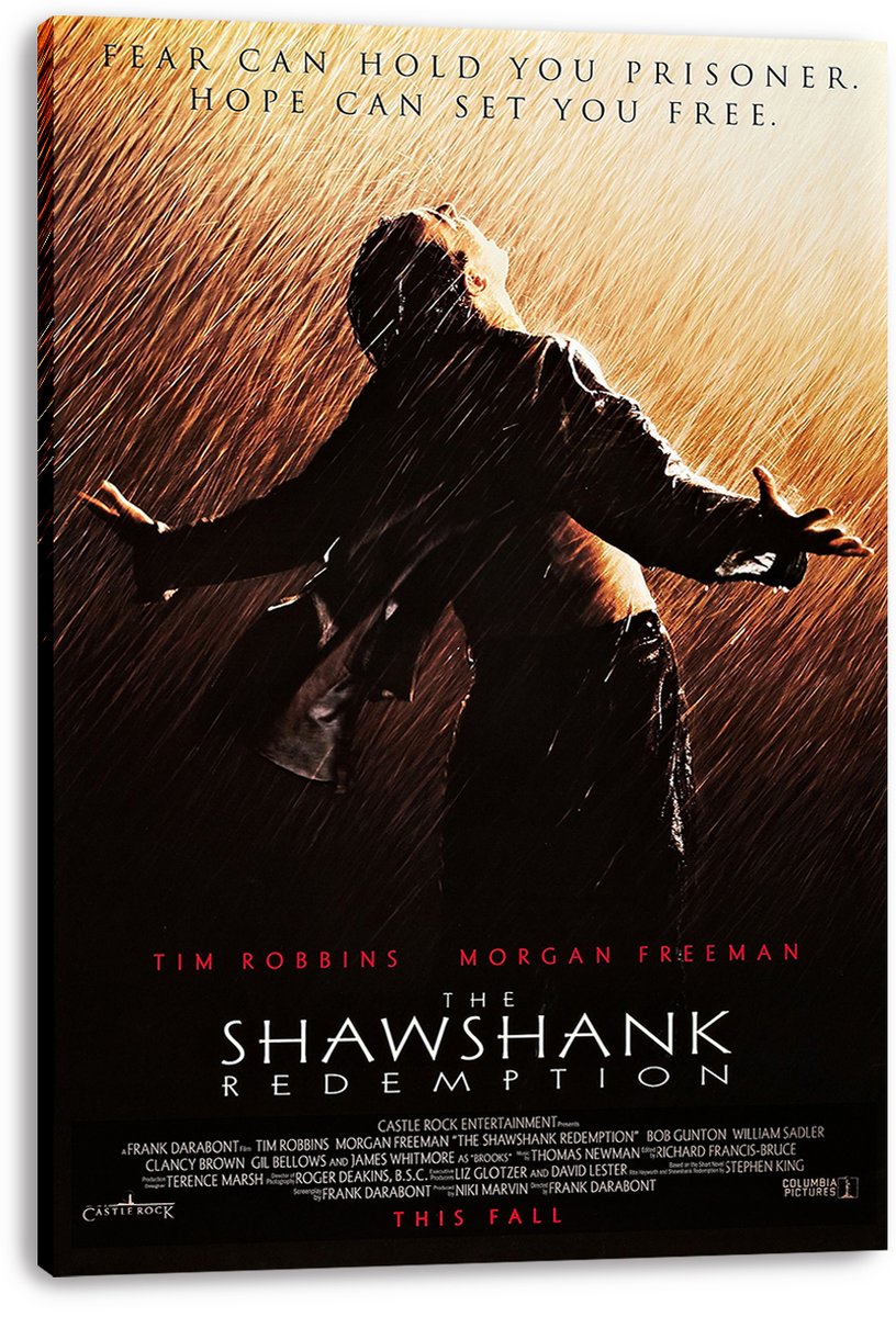 The Shawshank Redemption canvas wall art print displays a man with open arms beneath rain and the film title.
