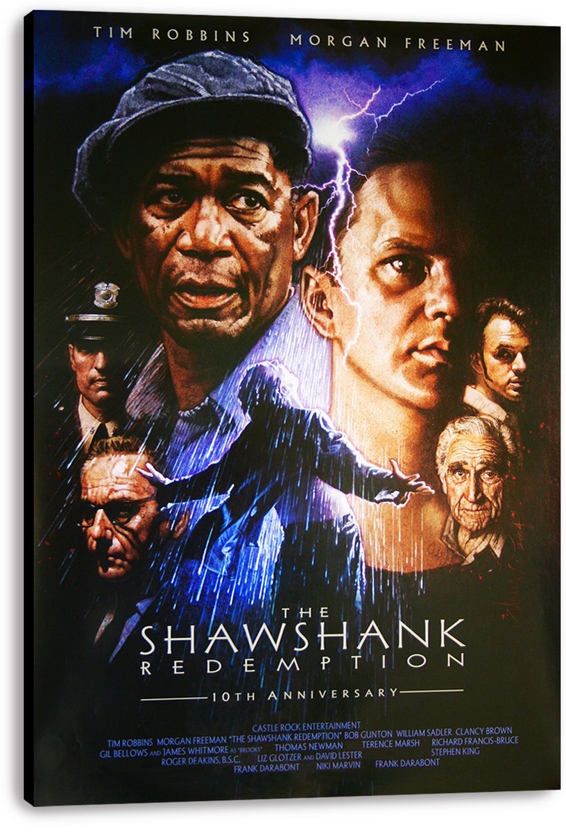 The Shawshank Redemption canvas wall art print presents dramatic portraits, storm clouds, lightning, and the central rain scene.