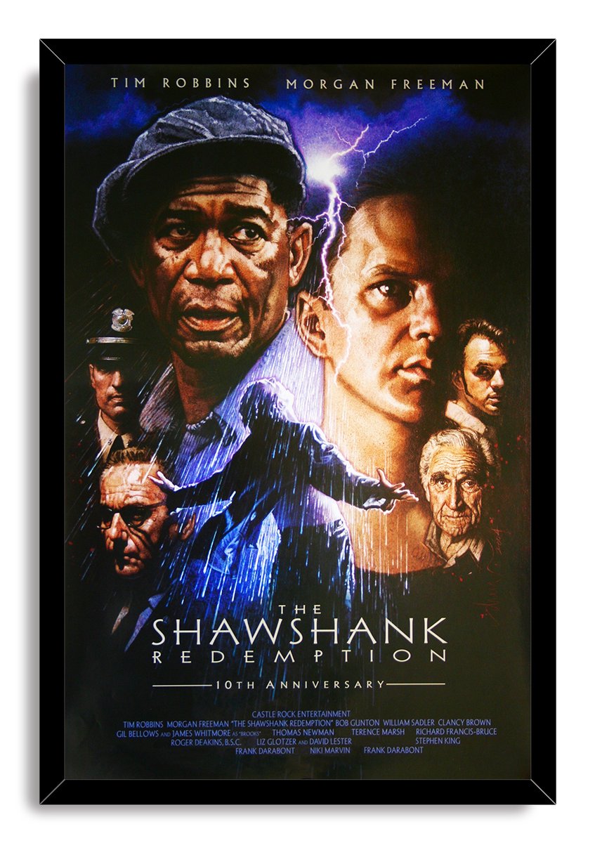 The Shawshank Redemption framed wall art print displays a dark character collage with vivid blue rain and purple lightning.