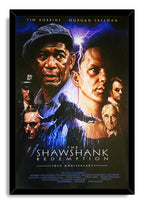 The Shawshank Redemption framed wall art print displays a dark character collage with vivid blue rain and purple lightning.