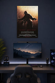 The Shawshank Redemption Movie Poster in a gaming desk setup above a monitor.