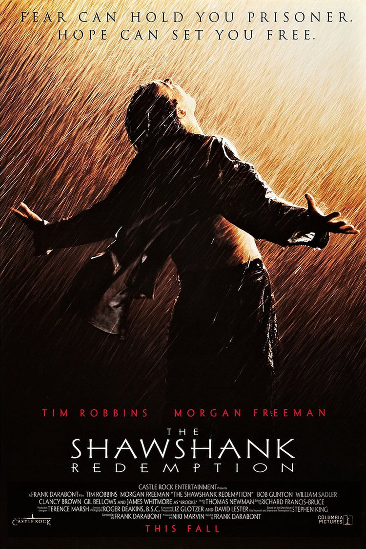 The Shawshank Redemption poster features a man in a dark suit standing arms outstretched in golden rain.