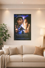 The Shawshank Redemption Movie Poster in a bright living room above a beige sofa.