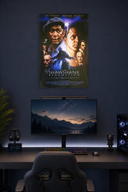 The Shawshank Redemption Movie Poster in a gaming desk setup above a monitor.