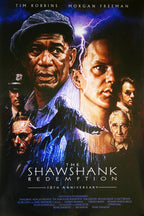 The Shawshank Redemption poster features illustrated character portraits, a rain-soaked man with raised arms, and purple lightning.