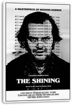 The Shining wall art print is displayed as a thick white canvas, with Jack Nicholson's intense monochrome portrait and layered text.