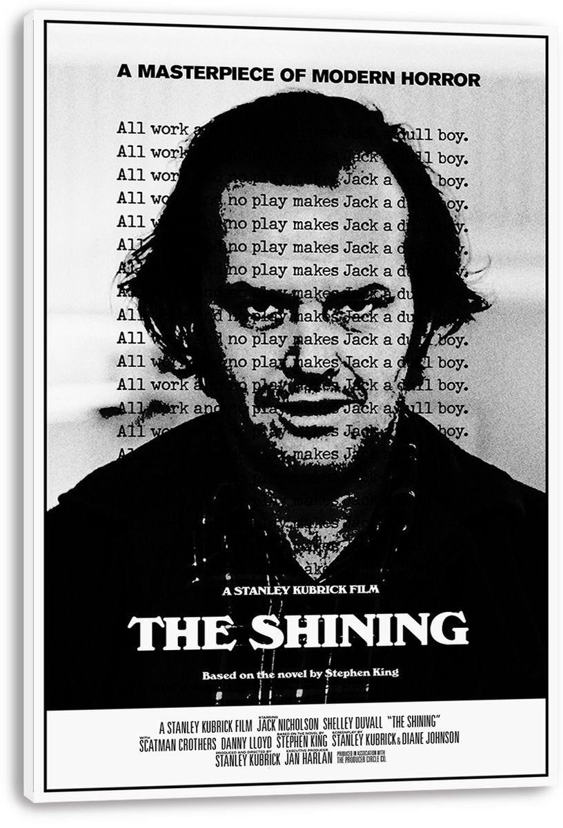 The Shining wall art print is displayed as a thick white canvas, with Jack Nicholson's intense monochrome portrait and layered text.