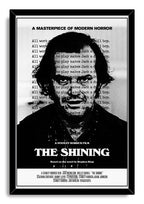 The Shining framed wall art print presents Jack Nicholson in black and white, with repeated typewriter text inside a black frame.