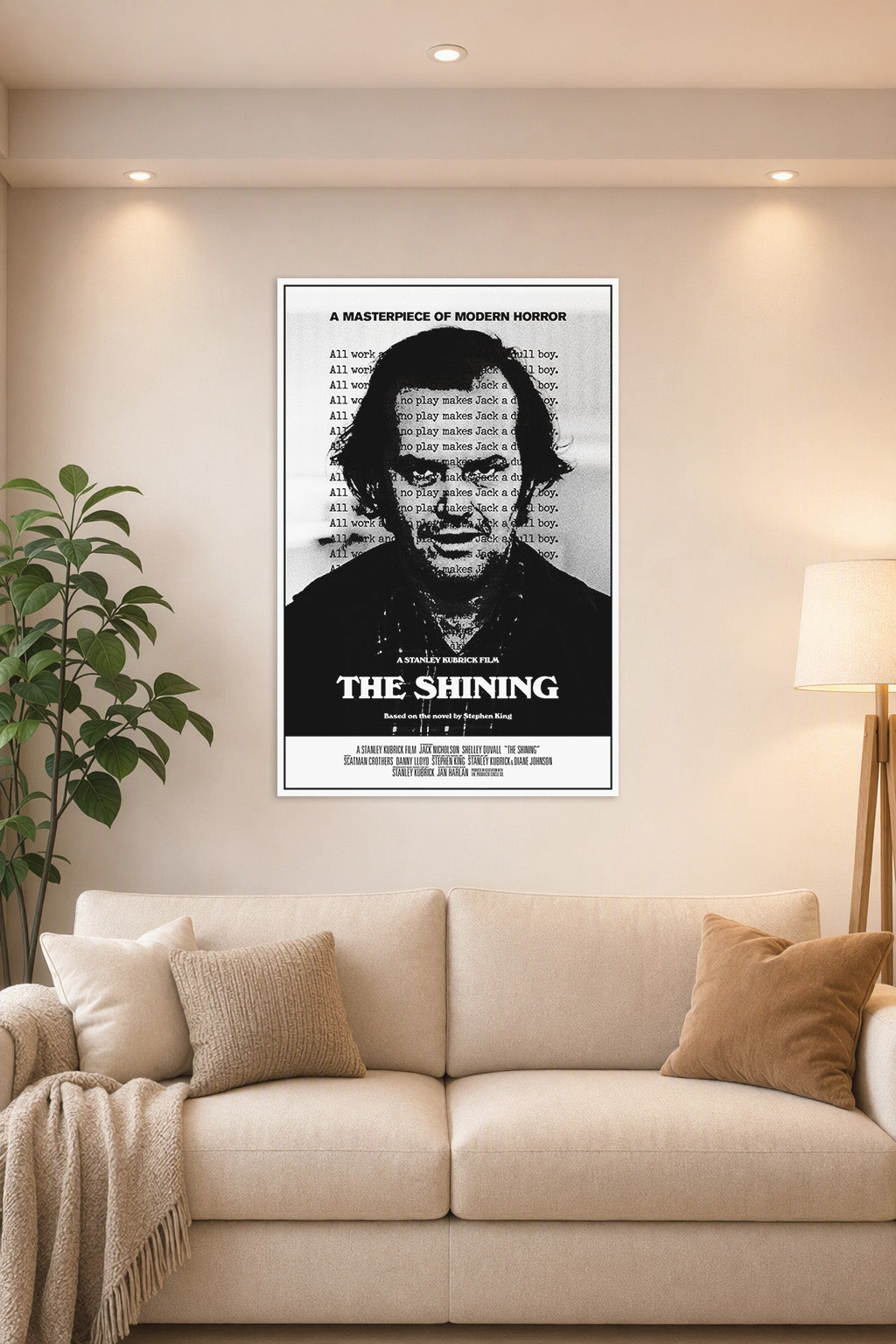 The Shining Jack Nicholson in a bright living room above a beige sofa.
