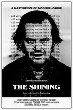 The Shining poster features a stark black-and-white portrait of Jack Nicholson over repeated typewriter text and bold title lettering.