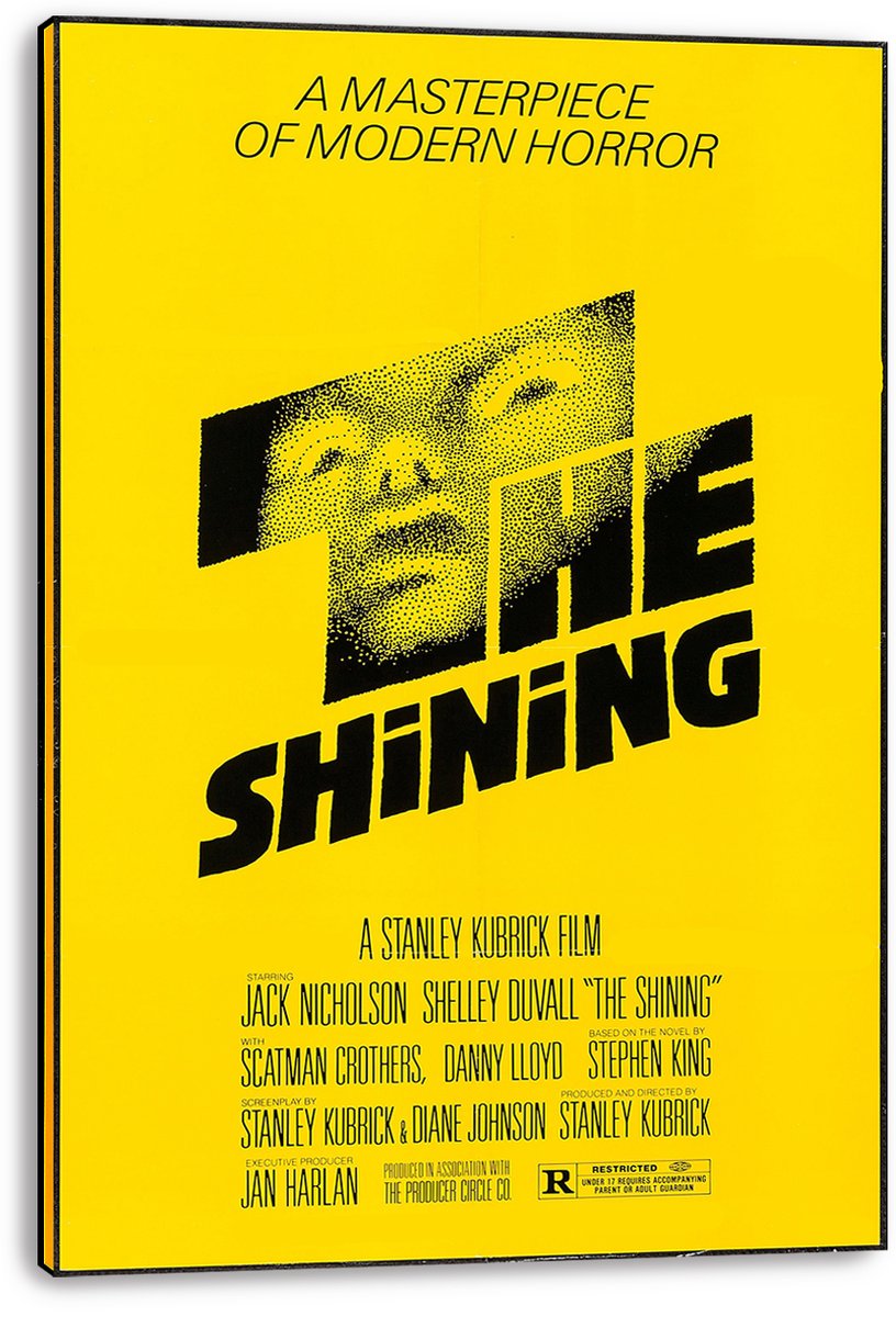The Shining wall art print is displayed as a thick-edged canvas, with a yellow design and Nicholson's fragmented halftone portrait.