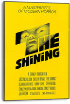 The Shining wall art print is displayed as a thick-edged canvas, with a yellow design and Nicholson's fragmented halftone portrait.