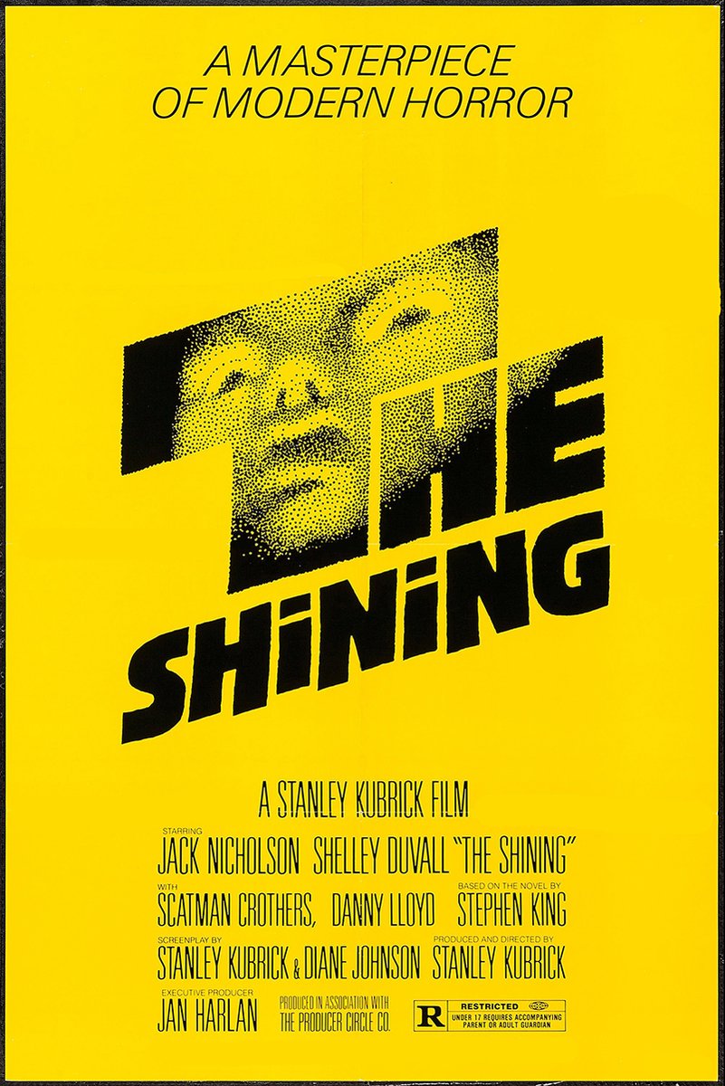 The Shining poster features a yellow field, Jack Nicholson's halftone face, bold black title lettering, and film credits.