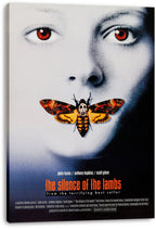 The Silence of the Lambs canvas wall art print presents the red-eyed face and orange skull-marked moth in a stretched canvas display.