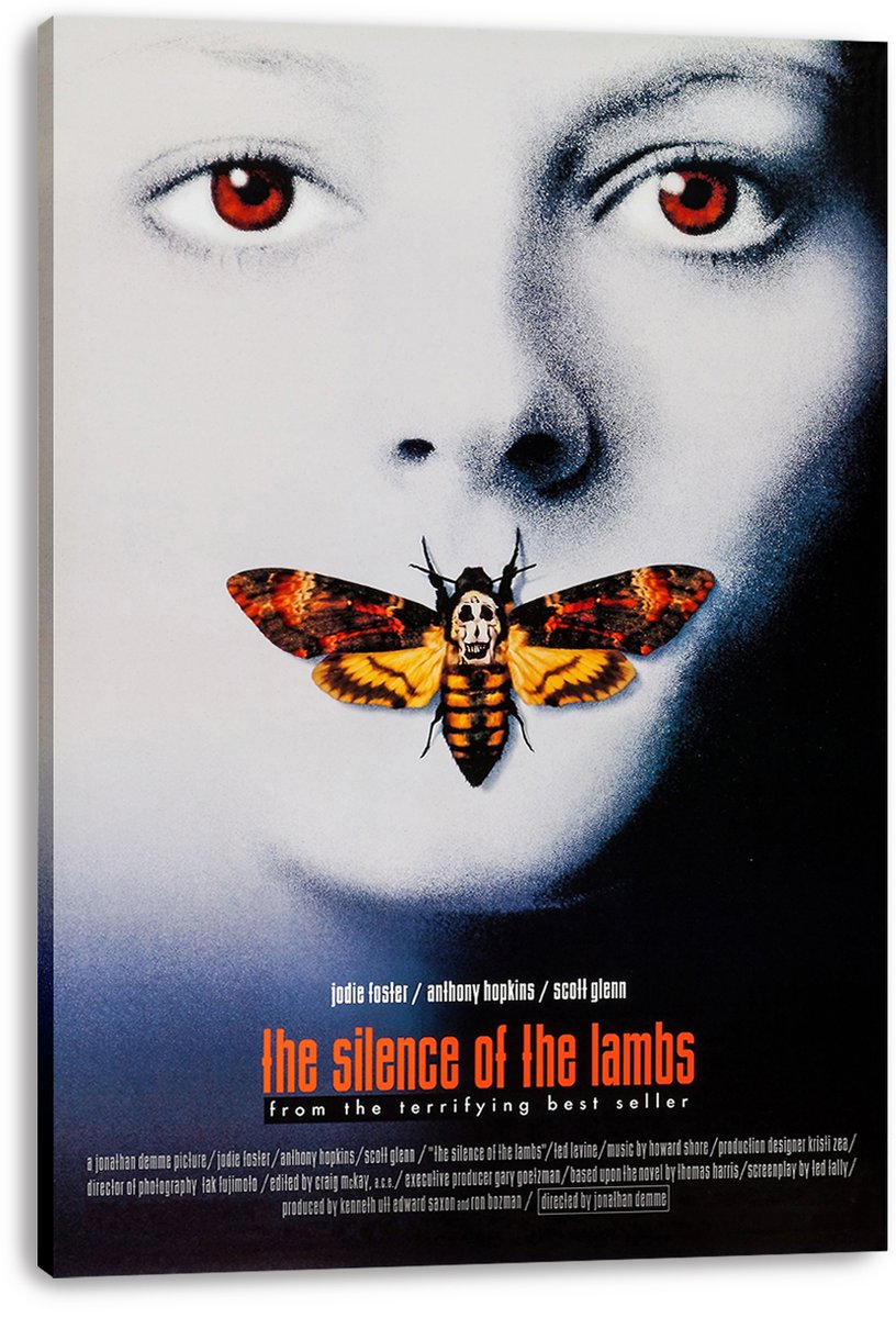 The Silence of the Lambs canvas wall art print presents the red-eyed face and orange skull-marked moth in a stretched canvas display.